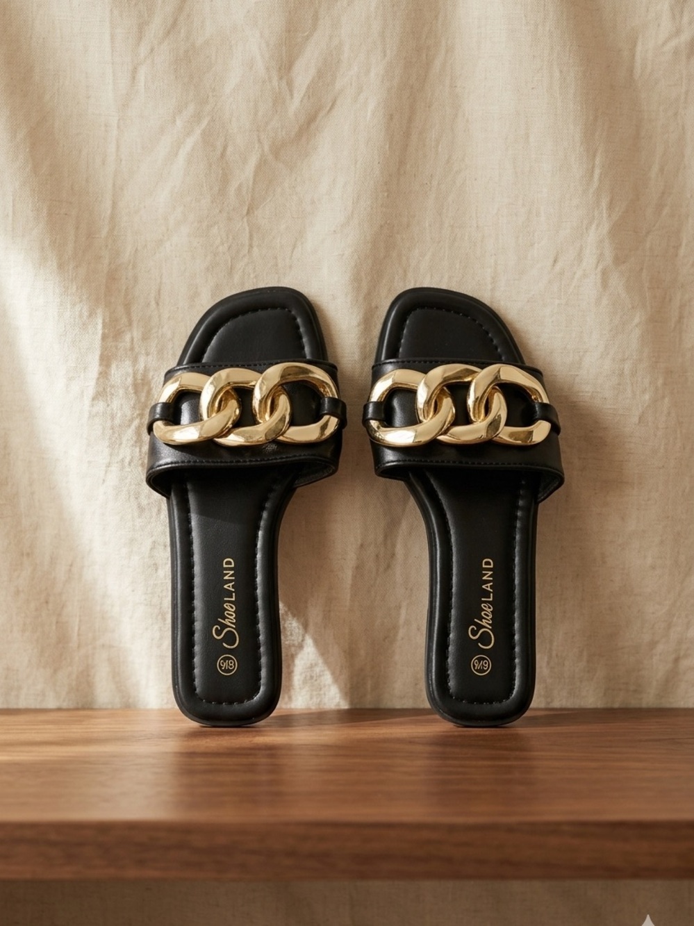 Shoeland Black Slide Mules with Gold Chain Detail